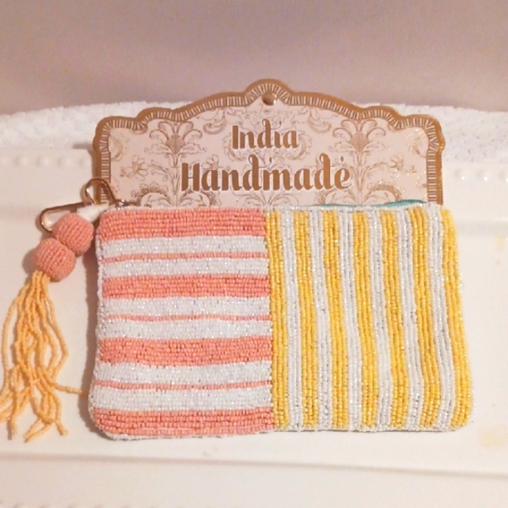 Handmade Beaded Stripe Clutch - Peach Turquois & Yellow Beaded Tassle & Clip